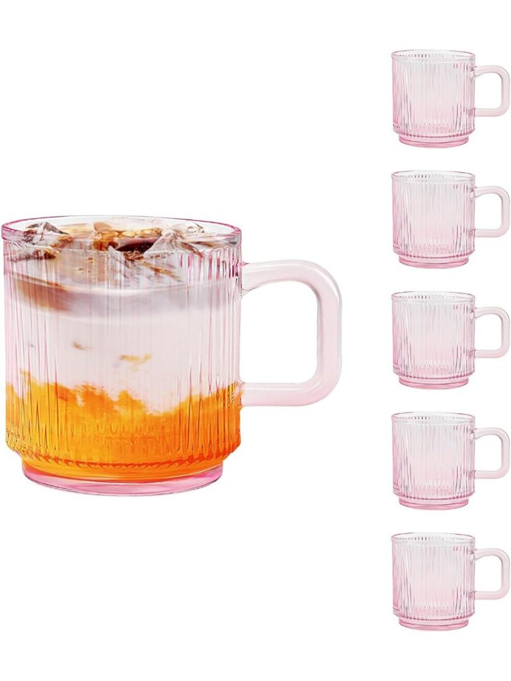 Set of 6 Pink Glass Coffee Mugs - 12oz Striped Cups with Handles for Hot & Cold